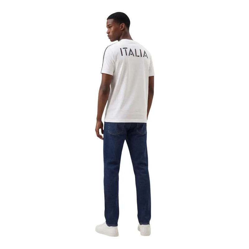 Ea7 men white short-sleeved t-shirt showing back with italia printed in black capital letters