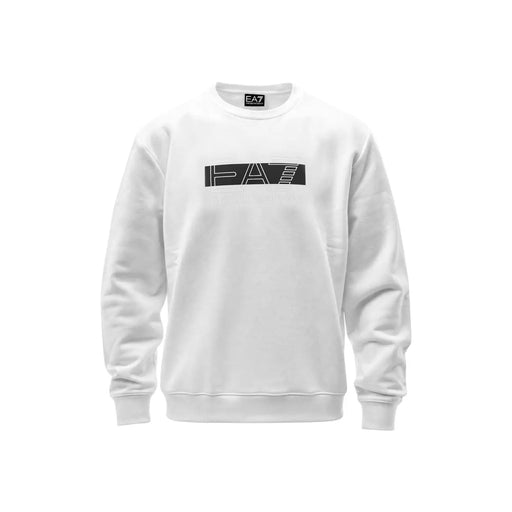 Ea7 Sweat-shirt blanc en coton pour homme, coupe classique, avec logo rectangulaire noir sur la poitrine