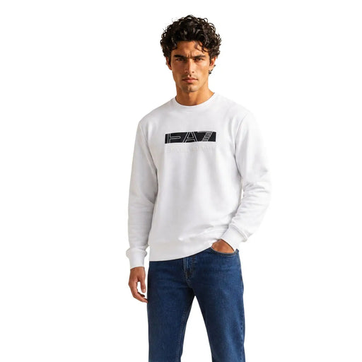 Ea7 Sweat-shirt blanc en coton pour homme, manches longues, logo rectangulaire noir sur la poitrine, coupe classique