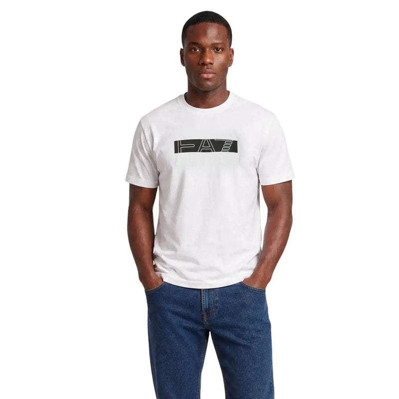 Ea7 T-shirt blanc en coton pour homme, coupe classique, avec logo rectangulaire noir sur la poitrine