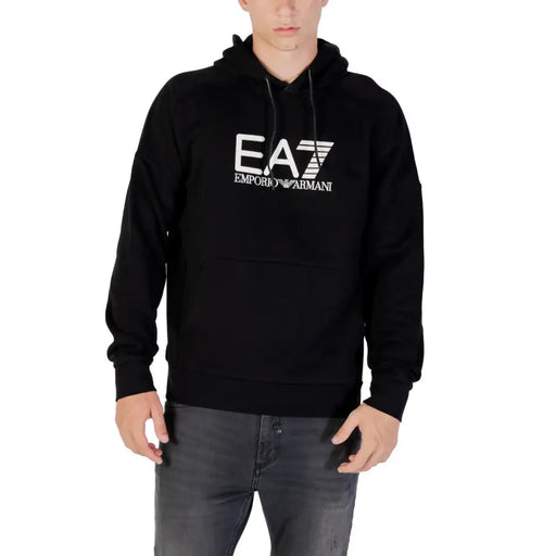 Men’s black hooded sweatshirt with white EA7 EMPORIO ARMANI logo on chest