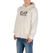 Cream-colored ea7 emporio armani men white hooded sweatshirt with bold black chest logo and front pockets