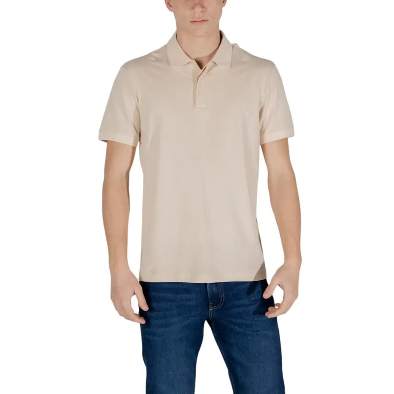 Ea7 men’s beige short-sleeved polo shirt in cotton blend with classic collar and buttoned placket