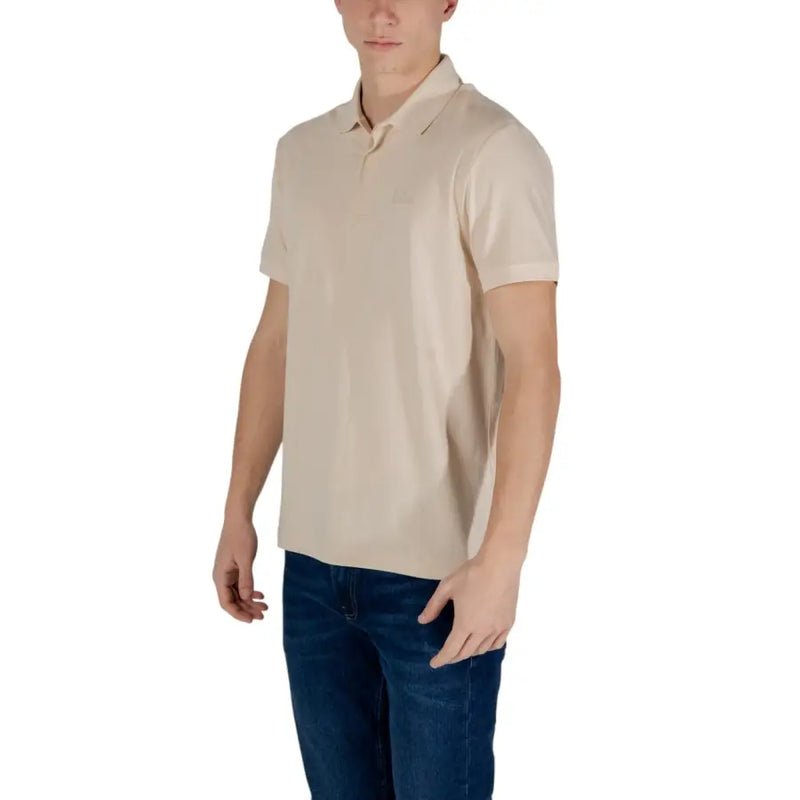 Ea7 men’s beige short-sleeved polo shirt in cotton blend with classic collar and subtle texture