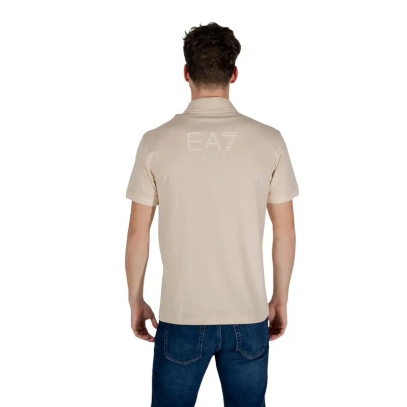 Beige ea7 men’s cotton blend polo shirt showing back side with subtle logo for casual and smart wear