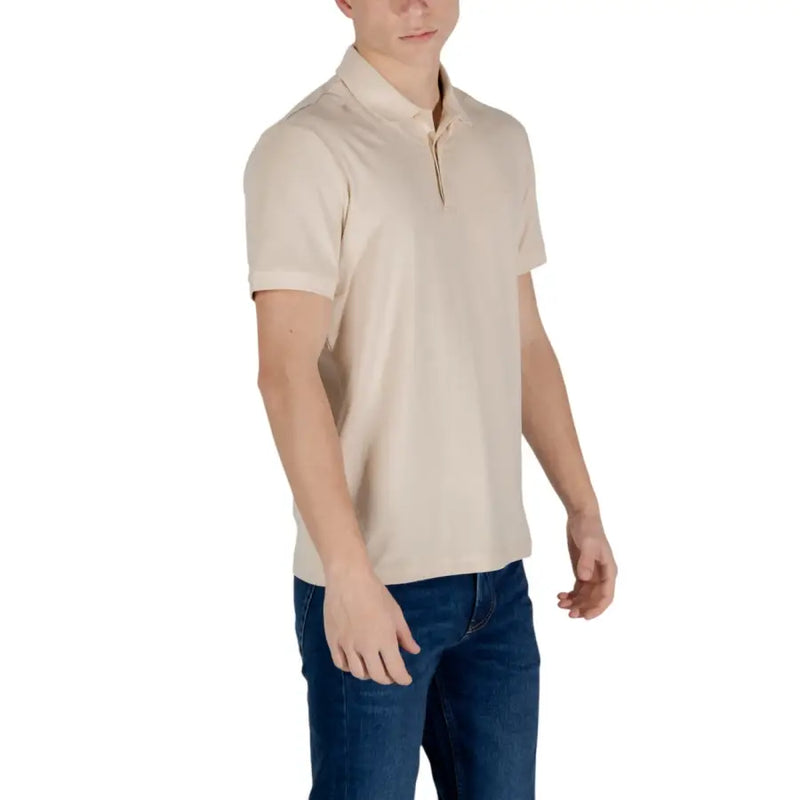 Ea7 men’s beige short-sleeved polo shirt in cotton blend with classic collar and subtle zipper detail
