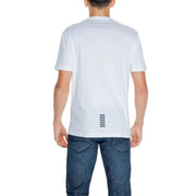 Ea7 coton blanc pour hommes t-shirt à manches courtes et à fines rayures verticales noires près de l'ourlet du bas