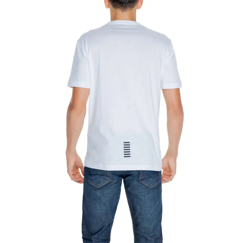 Ea7 coton blanc pour hommes t-shirt à manches courtes et à fines rayures verticales noires près de l'ourlet du bas