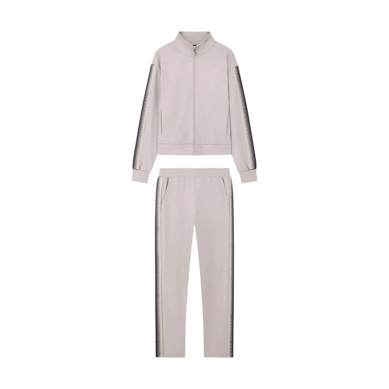Ea7 Ensemble de survêtement deux pièces pour femme, en mélange de coton beige avec rayures argentées métallisées, idéal pour l'automne et l'hiver.