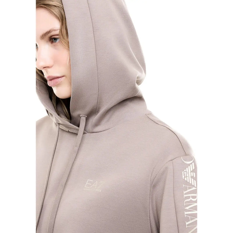 Ea7 Combinaison pantalon beige à capuche pour femme, en mélange de polyester, avec capuche en coton taupe ornée d'un logo discret sur la poitrine et la manche.