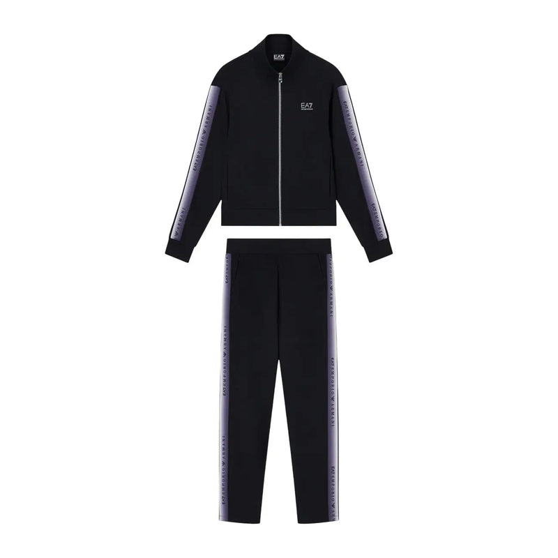 Combinaison EA7 pour femme, en mélange de coton noir, ornée de rayures argentées à logo le long des manches et des jambes, idéale pour l'automne et l'hiver.