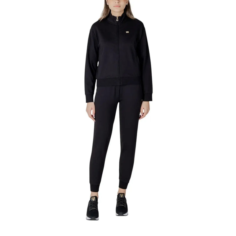 Ea7 Veste de survêtement noire en coton pour femme, fermeture éclair, col mandarin et petit logo sur la poitrine gauche.