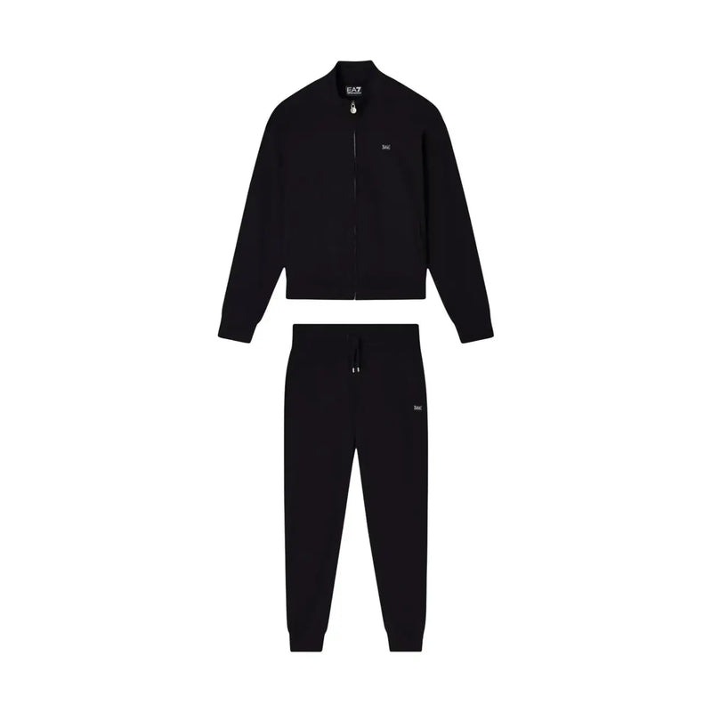 Ea7 Combinaison pantalon noire en coton à col roulé pour femme, avec veste zippée et pantalon de jogging assorti orné de logos discrets.
