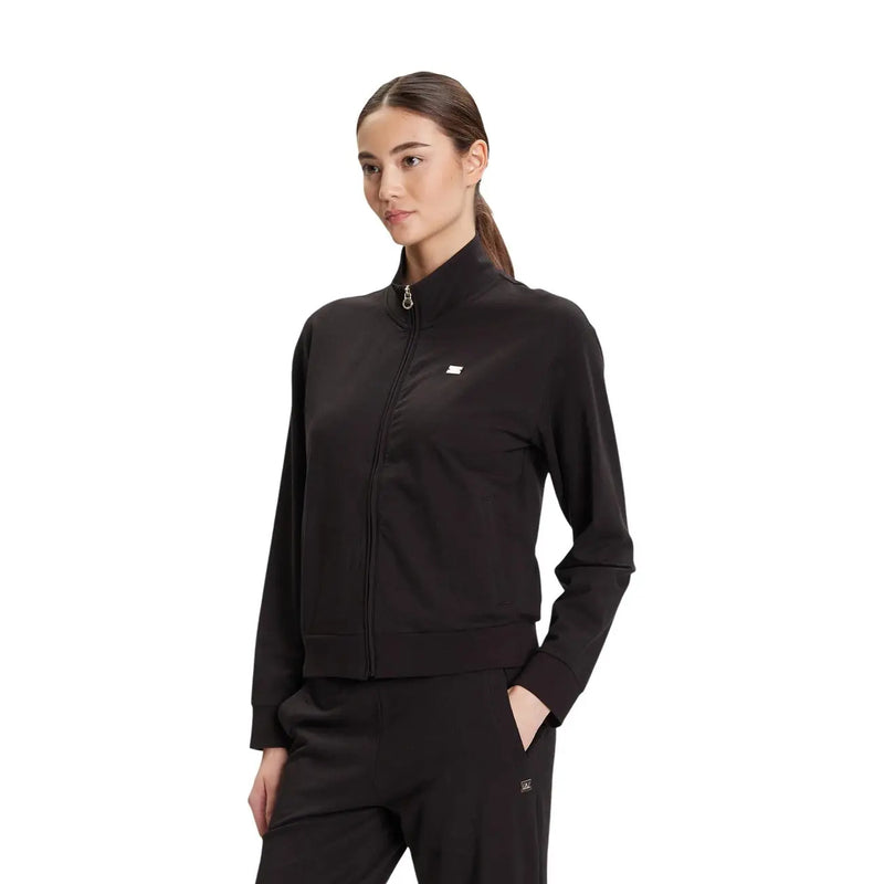 Ea7 Veste de survêtement noire en coton pour femme, zippée, avec logo discret et pantalon assorti, idéale pour une tenue décontractée.