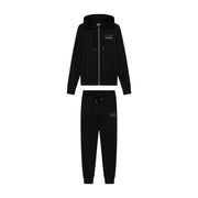 Ea7 Combinaison pantalon noire à capuche pour femme, en polyester mélangé avec logo blanc, comprenant une capuche zippée et un pantalon de jogging.