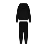 Ea7 Combinaison noire à capuche pour femme, en mélange de polyester, vue de dos, avec logo brodé discret et pantalon de jogging assorti.
