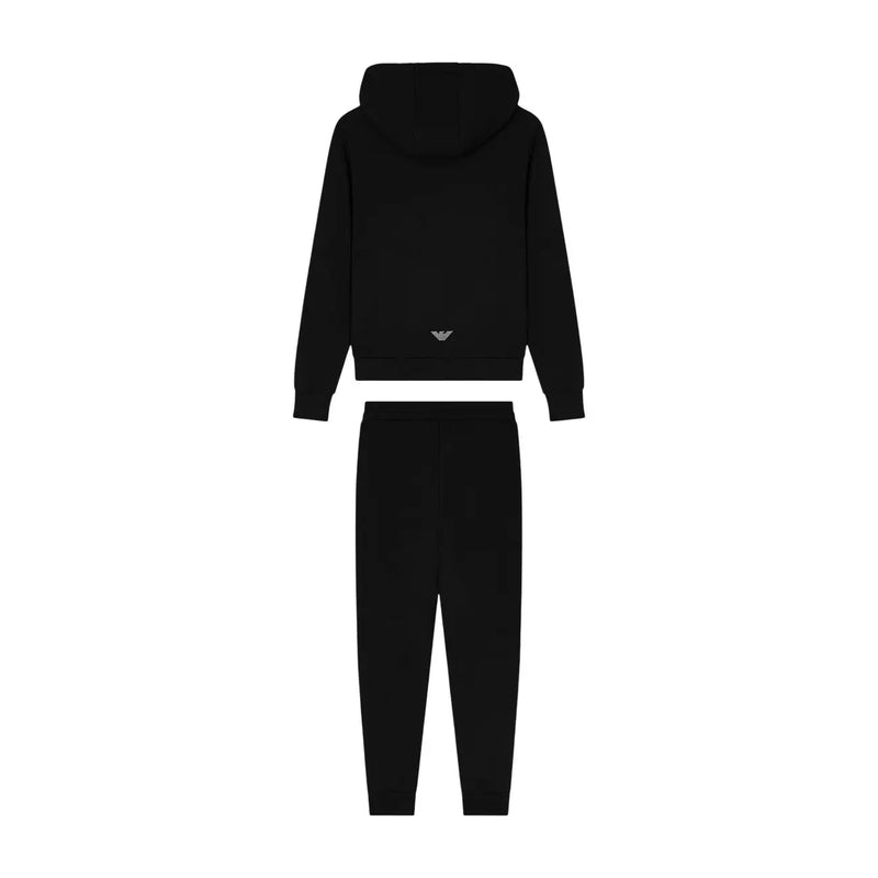 Ea7 Combinaison noire à capuche pour femme, en mélange de polyester, vue de dos, avec logo brodé discret et pantalon de jogging assorti.