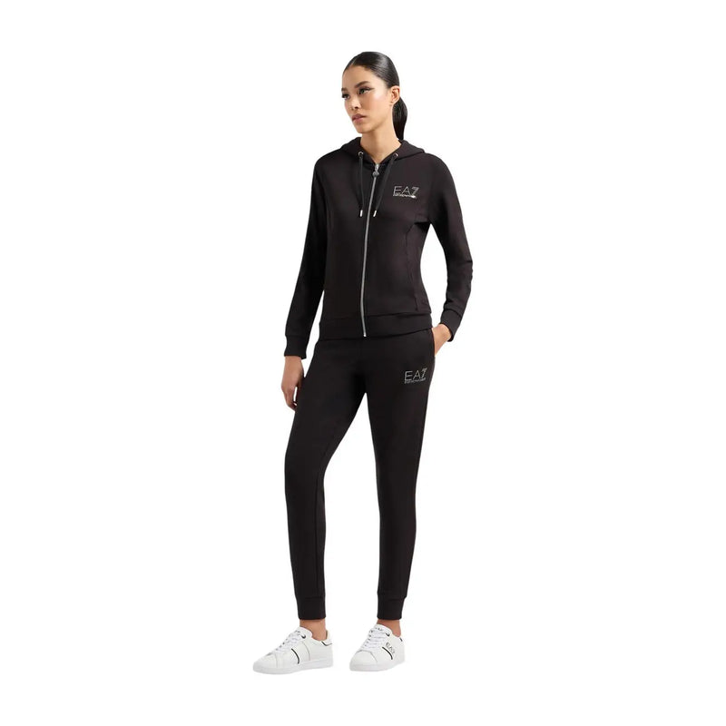 Ea7 Combinaison pantalon noire à capuche pour femme, en mélange de polyester, avec fermeture éclair, et pantalon de jogging orné d'un logo blanc.