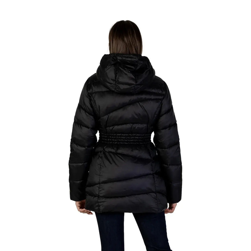 Ea7 Doudoune d'hiver noire à capuche pour femme en polyamide, avec matelassage et taille élastiquée