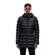 Ea7 Doudoune d'hiver noire à capuche pour femme en polyester, avec surpiqûres horizontales et logo ea7 sur la poitrine gauche.