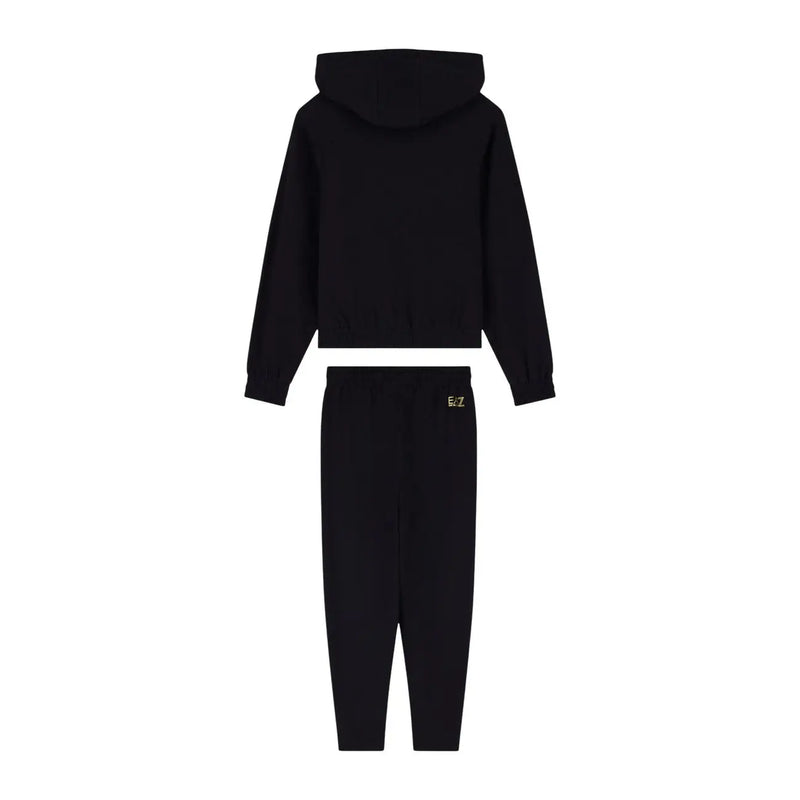 Ea7 Ensemble sweat à capuche court et pantalon de jogging en coton noir pour femme, orné d'un logo doré discret, idéal pour l'automne.