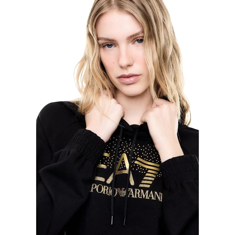 Sweat à capuche noir en coton ea7 d'Emporio Armani, orné d'un logo doré audacieux et de pois scintillants, idéal pour l'automne.