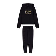 Ensemble sweat à capuche et jogging en coton noir ea7 Emporio Armani avec logo doré en relief pour femme, collection automne