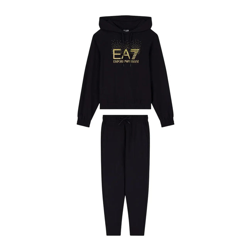 Ensemble sweat à capuche et jogging en coton noir ea7 Emporio Armani avec logo doré en relief pour femme, collection automne