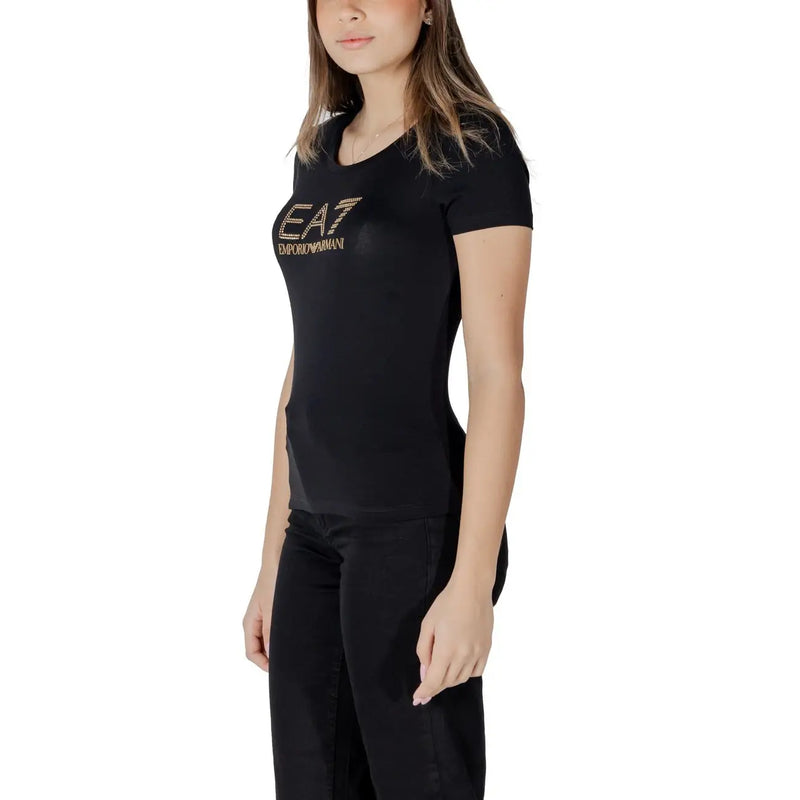 Black ea7 emporio armani women’s cotton modal short-sleeved t-shirt with gold embroidered logo and round neck
