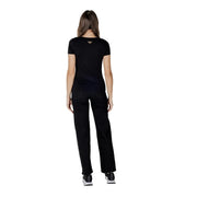 Ea7 women black cotton modal short sleeve t shirt with round neck and small gold eagle logo at the neckline