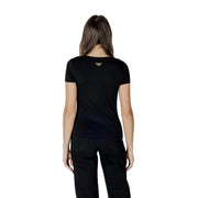 Ea7 women cotton modal short-sleeved black t shirt with gold embroidered eagle logo at the neckline