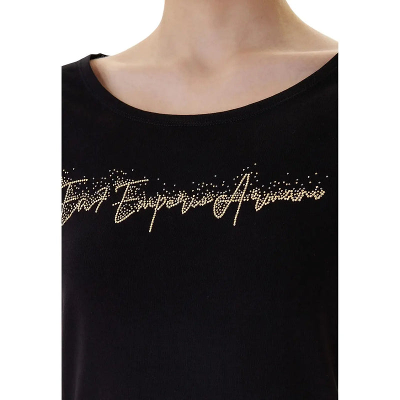 Ea7 women cotton short sleeve black t shirt with round neck and gold rhinestone emporio Armani logo on chest