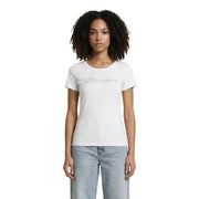 White ea7 women cotton short sleeve t shirt with silver glitter script logo across the chest
