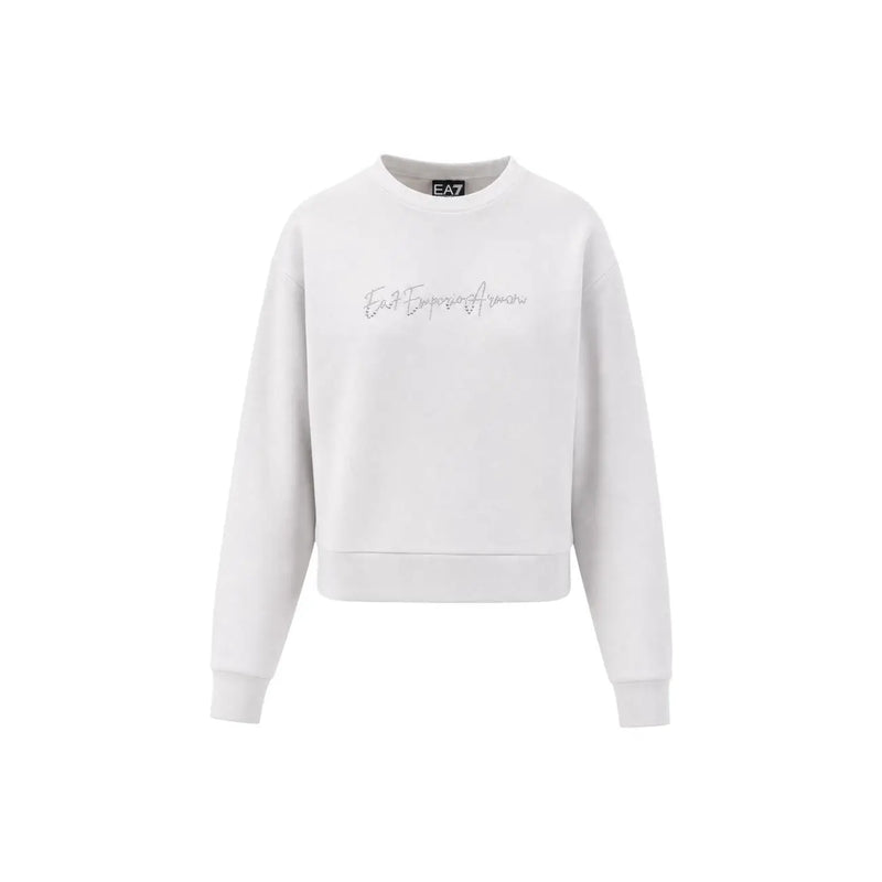 Sweat-shirt Emporio Armani EA7 blanc avec broderie argentée discrète sur la poitrine, en coton gris.