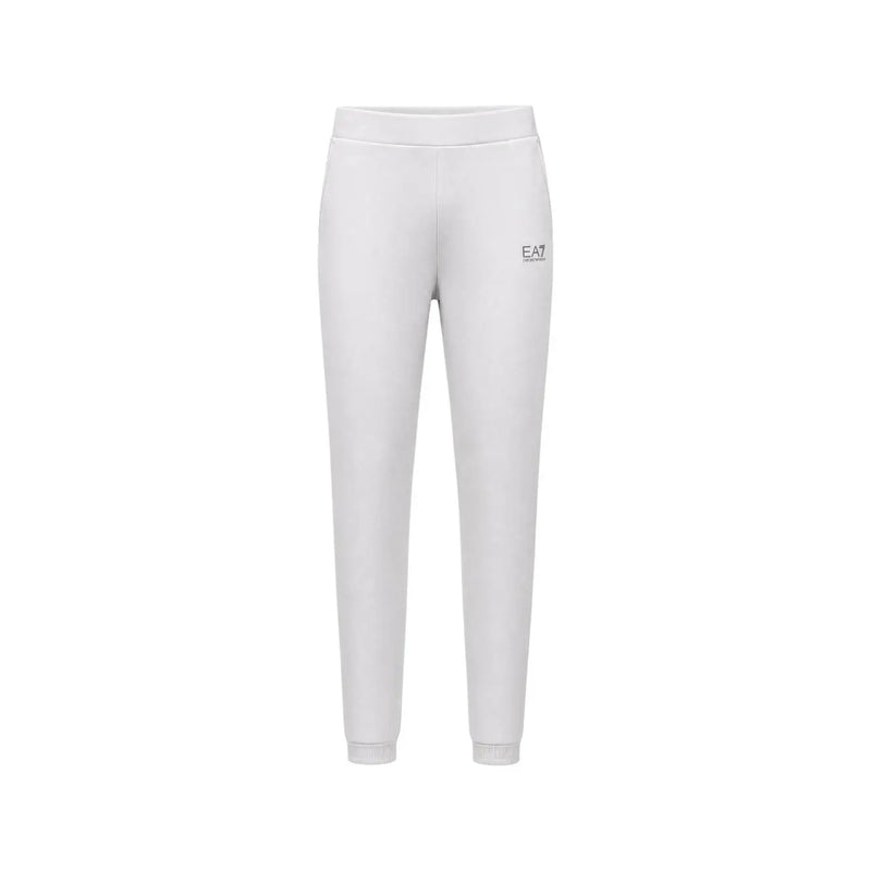 Pantalon de jogging blanc slim ea7 avec logo discret sur la cuisse, associé à une combinaison-pantalon grise en coton ea7 pour femme, col rond.