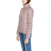 Ea7 Doudoune matelassée rose à col roulé pour femme, en polyamide, avec fermeture éclair et col montant.