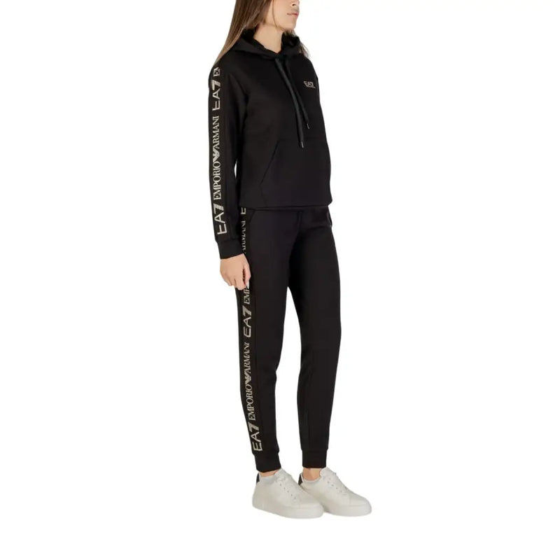 EA7 women’s printed black hooded jumpsuit with front pockets and white side stripes