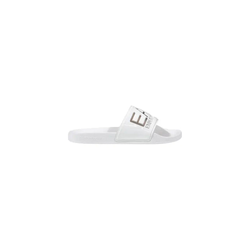 White emporio armani slide sandal with sleek minimalist design and silver logo on strap for spring summer wear