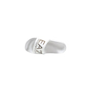 Ea7 women slip-on white slide sandal with sleek glossy finish and Emporio Armani logo on the strap for spring summer