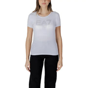 Ea7 women white short-sleeved t shirt with silver ea7 logo and sparkling embellishments across the chest