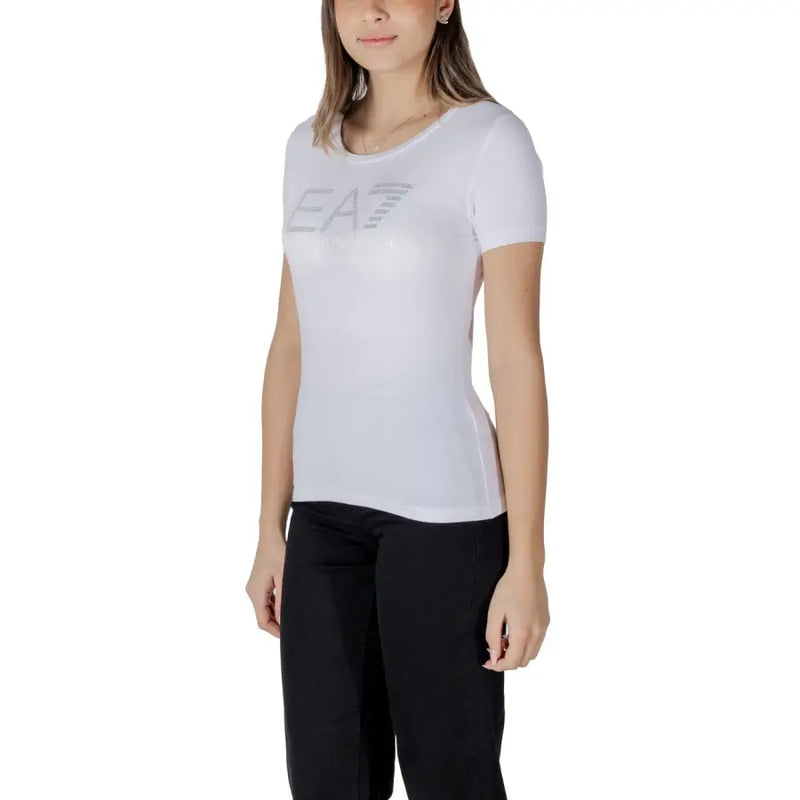 White Ea7 women short-sleeved t shirt with subtle silver logo across the chest ideal for spring summer wear