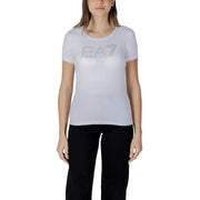 Ea7 women white short-sleeved t shirt with silver ea7 logo and sparkling embellishments across the chest
