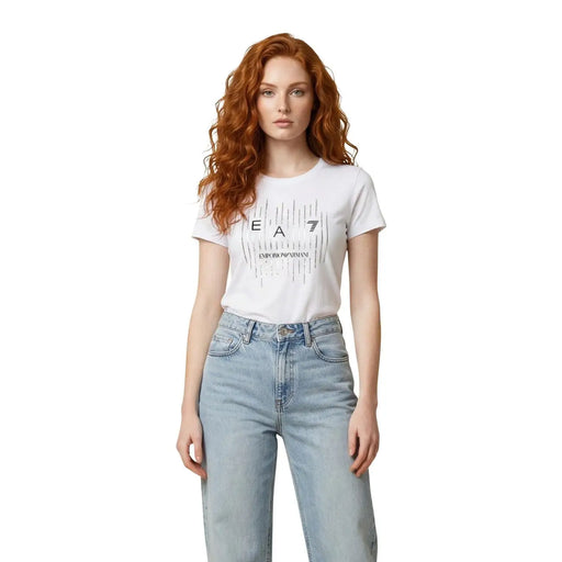 Ea7 women white cotton round neck t shirt with black graphic print and sequin detail by emporio armani