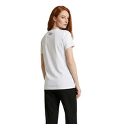 Back side of ea7 women white cotton round neck short sleeve t shirt with small black logo on the back