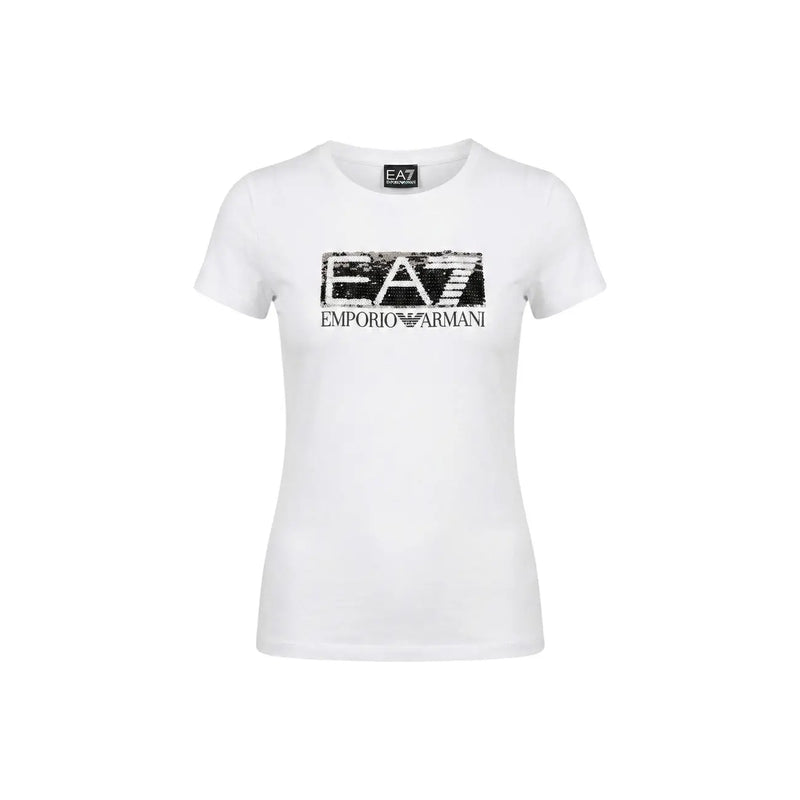 Ea7 women white cotton round neck short sleeve t shirt with bold black distressed emporio armani logo on chest