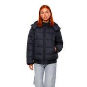 Doudoune matelassée d'hiver noire EA7 pour femme, avec capuche amovible, poignets côtelés, fermeture éclair et capuche en polyester.