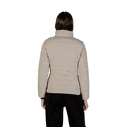 Ea7 women’s beige quilted puffer jacket with high collar long sleeves and zip pockets for cold weather