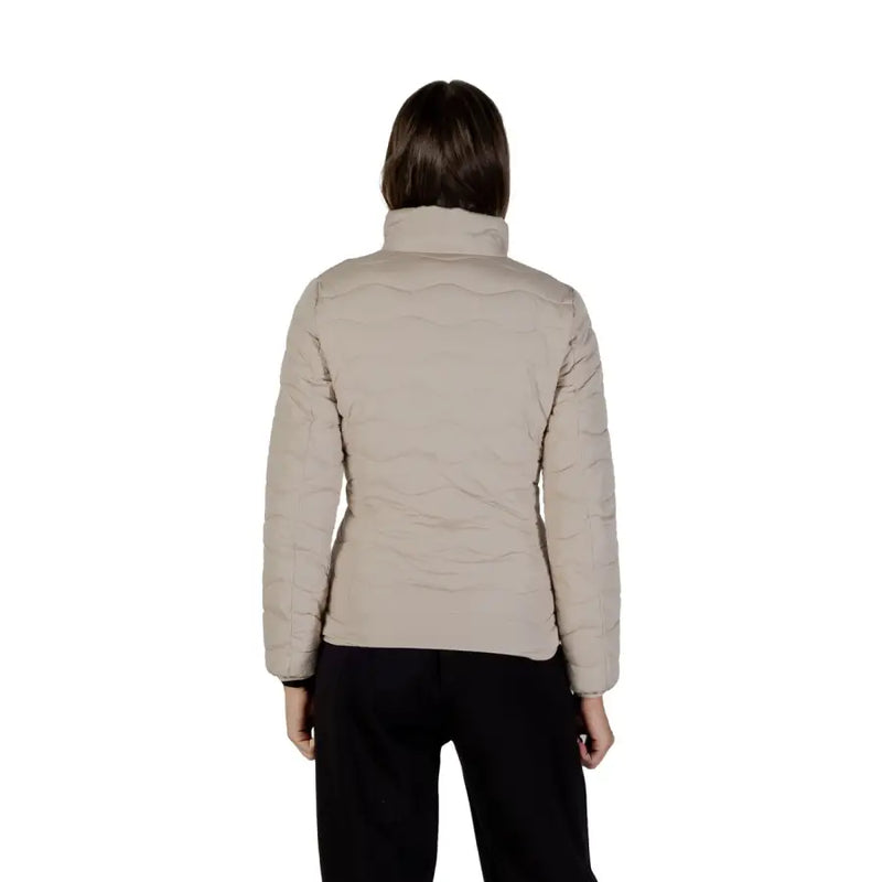 Ea7 women’s beige quilted puffer jacket with high collar long sleeves and zip pockets for cold weather