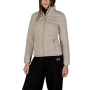 Ea7 women’s beige long quilted puffer jacket with turtleneck, zip pockets, and subtle chest logo