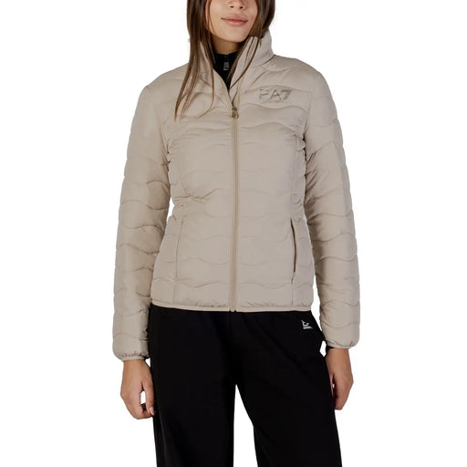 Ea7 womens beige long turtleneck puffer jacket with quilted design